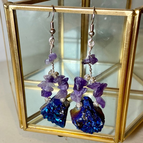 Handmade Crystal Earrings - Amethyst and Druzy - Picture 3 of 6